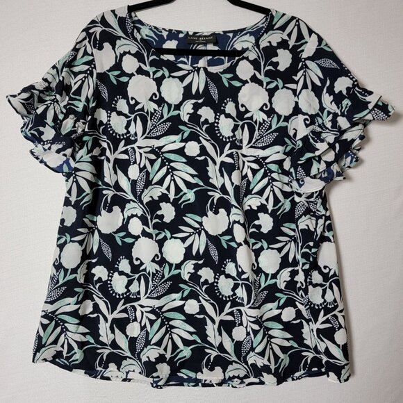 Lane Bryant Womens Top Crew-Neck Sz 20 Short Flutter-Sleeves Navy Teal & White - Picture 1 of 9